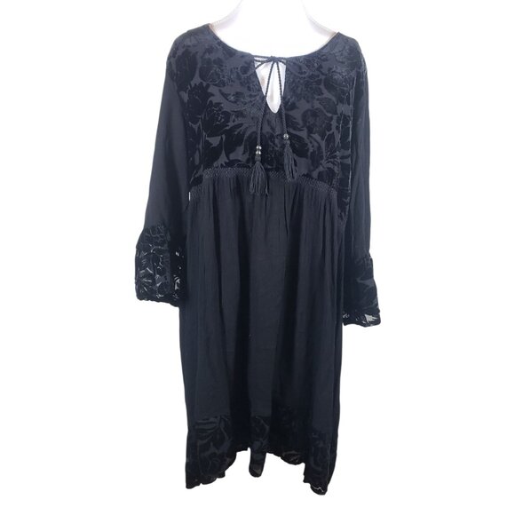 Knox Rose Women XL Black Embroidered Midi Dress Long Sleeve Gothic Dark Academia - Picture 2 of 9